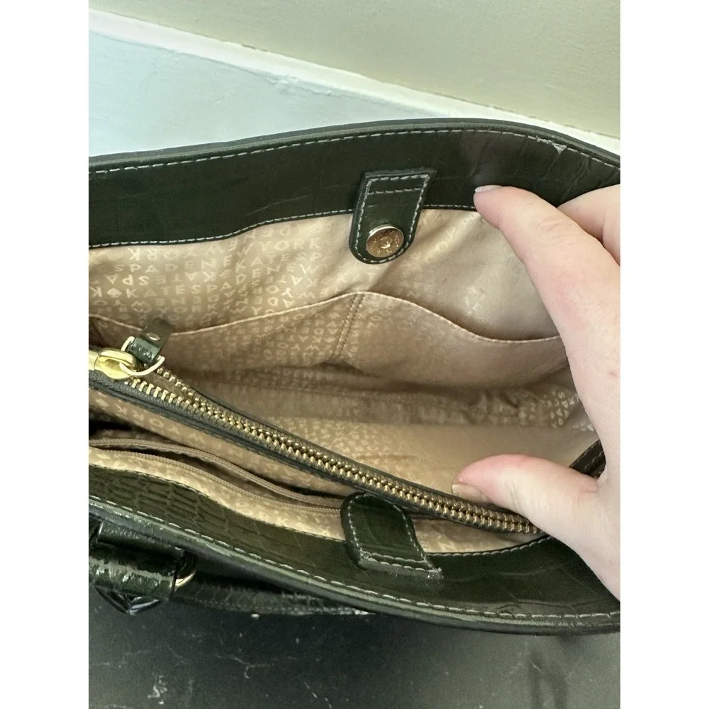 Kate‎ Spade NY Crocodile Embossed Leather Shoulder Satchel Handbag Dark Green